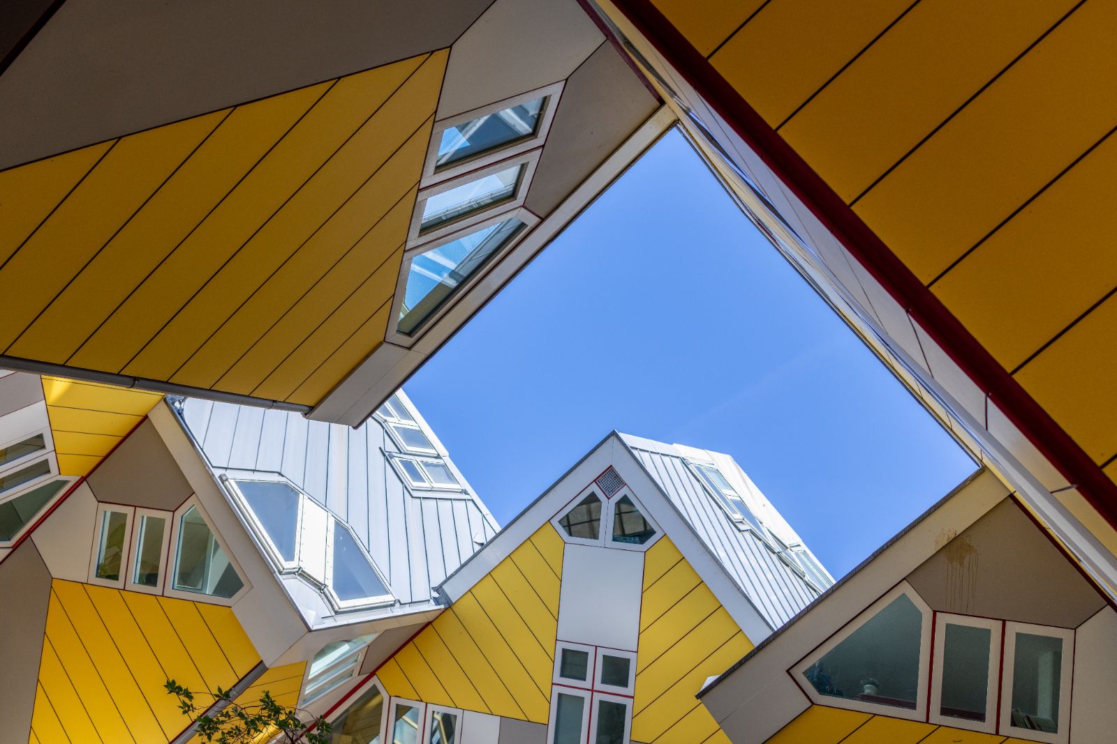 Gele kubussen en witte puntdaken van de Kubuswoningen in Rotterdam tegen een blauwe lucht.
