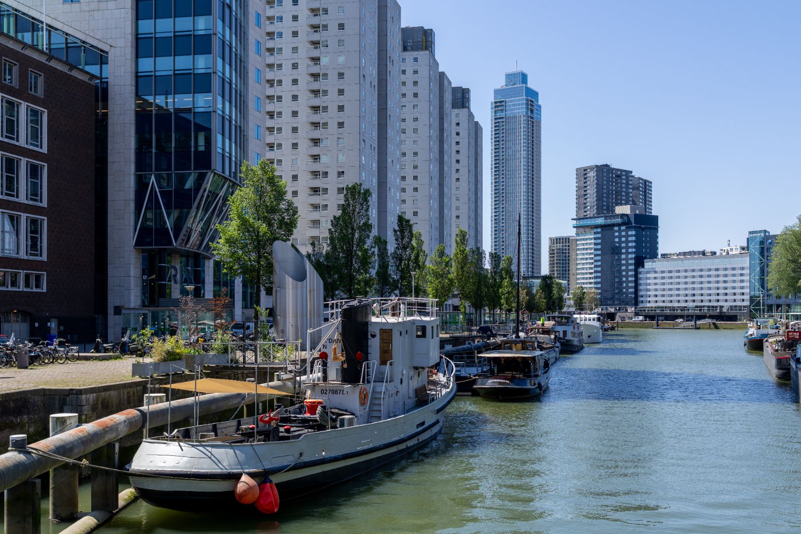 Rotterdamse binnenhaven met afgemeerde schepen en woontorens.